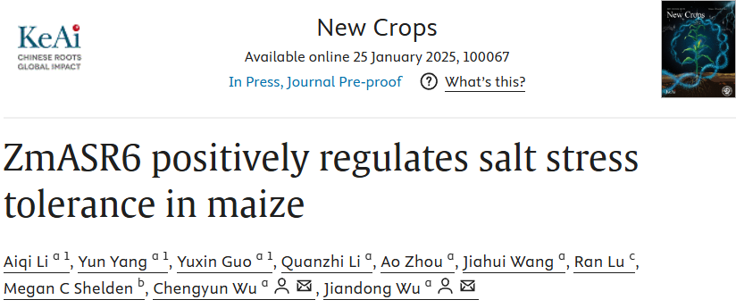 New Crops | 安徽农业大学武健东课题组研究发现ZmASR6参与调控玉米耐盐性