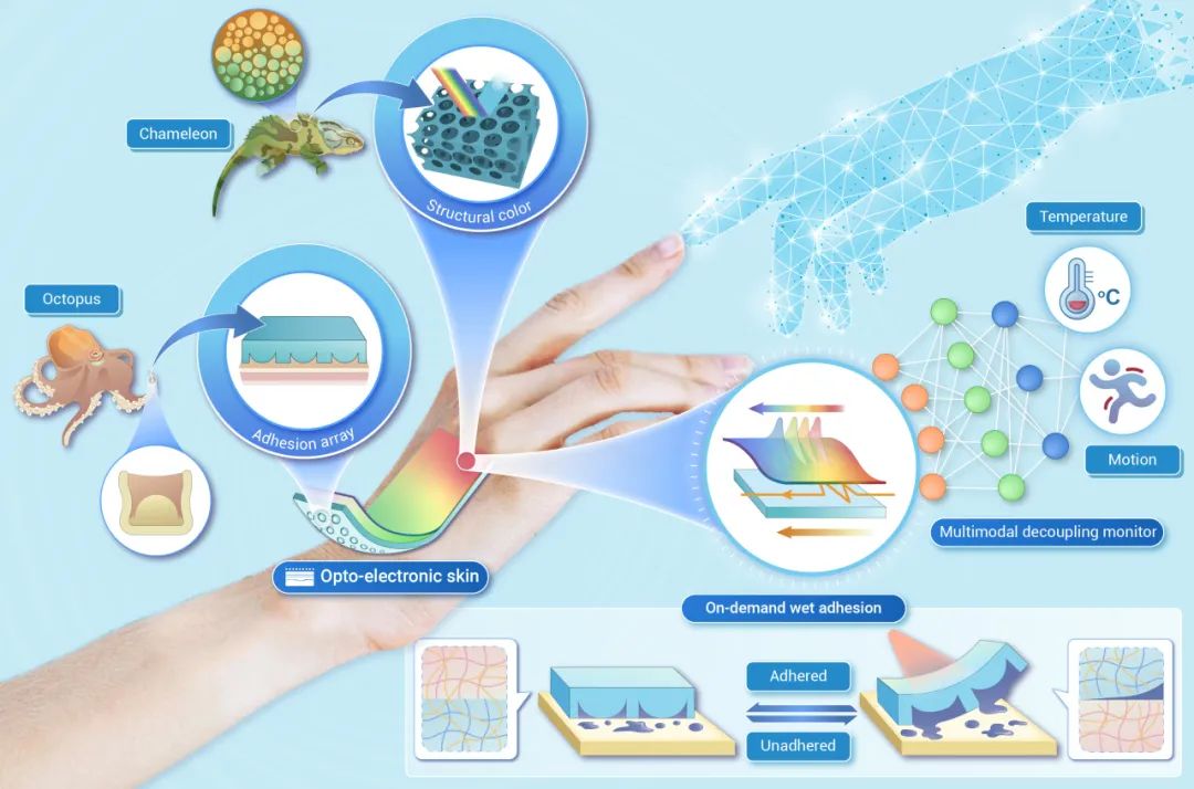 The Innovation | 多重生物启发的柔性电子皮肤，具有按需黏附和光电协同展示能力