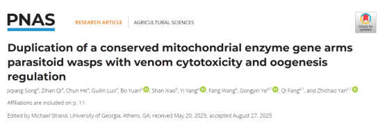 PNAS | 浙江大学叶恭银团队等揭示寄生蜂线粒体基因通过复制获得毒液细胞毒性及调控卵巢发育新功