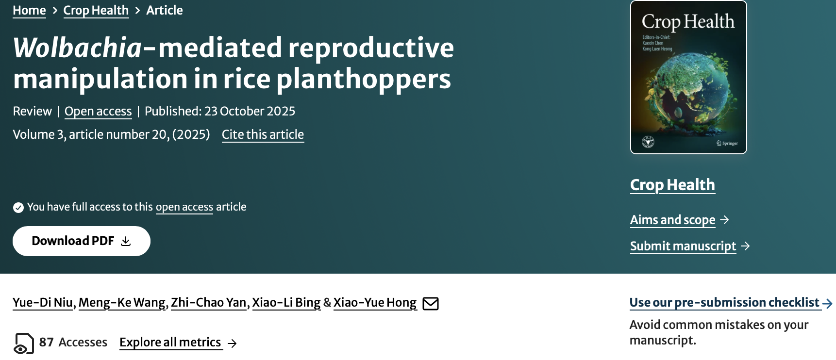 Crop Health | 共生菌Wolbachia对稻飞虱的生殖调控作用