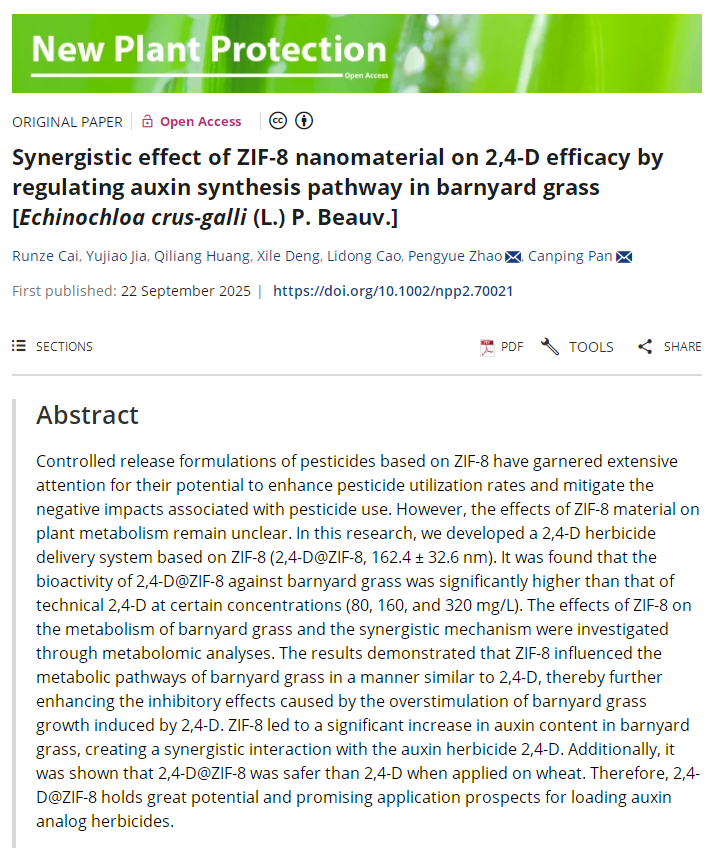 NPP上线文章&ZIF-8通过调节稗草中的生长素合成途径协同增强2,4-D的功能